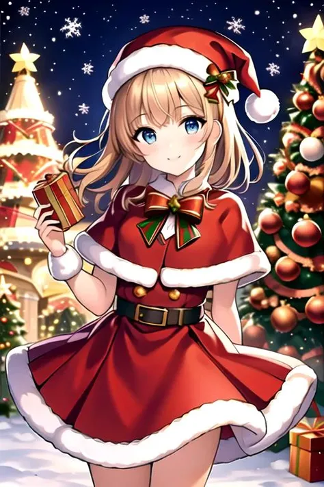(masterpiece:1.2), best quality, masterpiece, highres, original,perfect light, 4k,8k,1girl, antlers, bell, blonde hair, blue eyes, bow, bowtie, box, candy cane, capelet, carrying over shoulder, chimney, christmas, christmas lights, christmas ornaments, christmas tree, closed mouth, deer ears, fake antlers, fireplace, fur-trimmed capelet, fur-trimmed dress, fur-trimmed gloves, fur-trimmed headwear, fur-trimmed hood, fur-trimmed skirt, fur-trimmed sleeves, fur trim, gift, gift bag, gift box, hat, holding, holding sack, holly, looking at viewer, merry christmas, ornament, pine tree, pom pom \(clothes\), red bow, red bowtie, red capelet, red headwear, reindeer, reindeer antlers, reindeer costume, rooftop, sack, santa bikini, santa boots, santa costume, santa dress, santa gloves, santa hat, short hair, smile, snow, snowflake background, snowflake print, snowflakes, snowing, snowman, solo, wreath, <lora:christmas:0.7>
