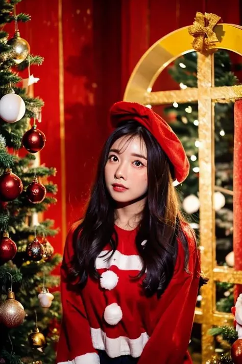 (masterpiece:1.2), best quality, masterpiece, highres, original,perfect light, 4k,8k,1girl, antlers, black hair, brown eyes, brown hair, candy cane, christmas, christmas lights, christmas ornaments, christmas tree, earrings, gift, gift box, holly, jewelry, lantern, lips, lipstick, long hair, long sleeves, looking at viewer, merry christmas, paper lantern, parted lips, realistic, red background, red moon, red theme, santa costume, santa hat, sleeves past wrists, snow, snowing, solo, star \(sky\), torii,<lora:christmas_real-000014:0.8>