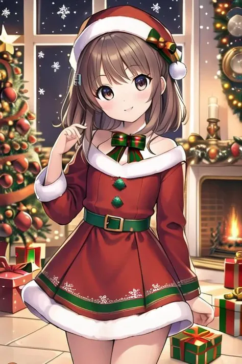 masterpiece,ultra detail,best quality,,girl,living room,stove,carpet,present box, petite,christmas,christmas tree,night,illumination,town <lora:christmas:0.8>dress
