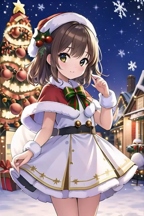 masterpiece,ultra detail,best quality,,girl,outdoor, petite,christmas,christmas tree,night,illumination,town <lora:christmas:0.8>