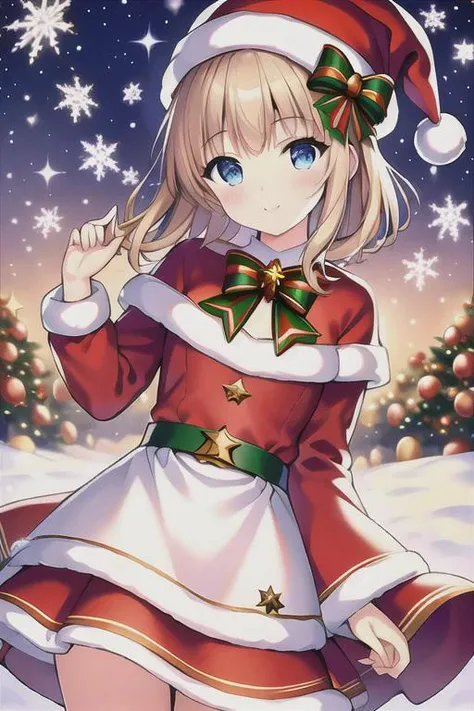 (masterpiece:1.2), best quality, masterpiece, highres, original,perfect light, 4k,8k,1girl, antlers, bell, blonde hair, blue eyes, bow, bowtie, box, candy cane, capelet, carrying over shoulder, chimney, christmas, christmas lights, christmas ornaments, christmas tree, closed mouth, deer ears, fake antlers, fireplace, fur-trimmed capelet, fur-trimmed dress, fur-trimmed gloves, fur-trimmed headwear, fur-trimmed hood, fur-trimmed skirt, fur-trimmed sleeves, fur trim, gift, gift bag, gift box, hat, holding, holding sack, holly, looking at viewer, merry christmas, ornament, pine tree, pom pom \(clothes\), red bow, red bowtie, red capelet, red headwear, reindeer, reindeer antlers, reindeer costume, rooftop, sack, santa bikini, santa boots, santa costume, santa dress, santa gloves, santa hat, short hair, smile, snow, snowflake background, snowflake print, snowflakes, snowing, snowman, solo, wreath, <lora:christmas:0.7>