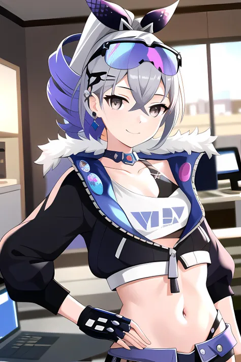 <lora:Sv4:1>, SilverWolfV4, 1girl, solo, looking at viewer, smile, hair ornament, gloves, hair between eyes, jewelry, jacket,midriff, stomach, earrings, black gloves, fingerless gloves, sunglasses, eyewear on head, indoors, computer, small breasts