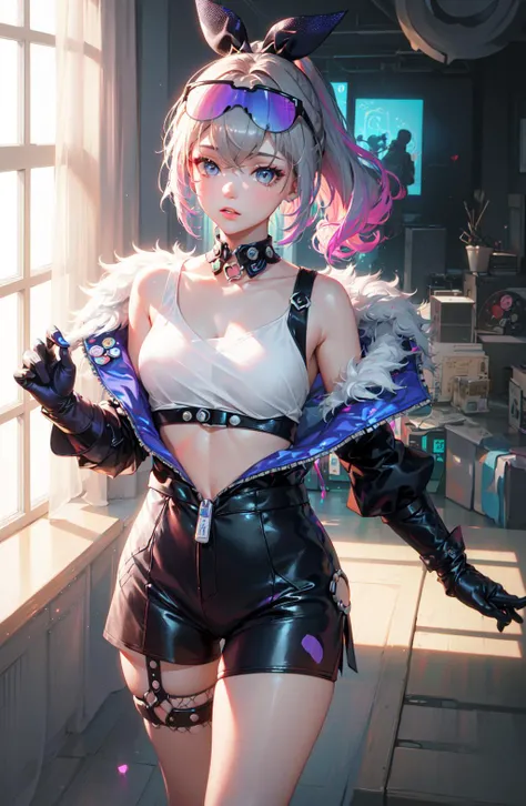 SilverWolfV4,(Masterpiece:1.2), best quality, (illustration:1.2), (ultra-detailed),Eye focus,(Masterfully crafted Glow, pink lens flare), (Cinematic background),(((colourful))), hyper details, (delicate detailed), (intricate details), octane render, hdr, (hyperdetailed:1.15), (soft light:1.2), 1girl, beautiful girl, ultra detailed eyes, mature, plump, rainbow painting drops,(supermodel:1.3), made up from paint, entirely paint, splat, splash, indoors, (bioluminescent hair:1.1),(glowing eyes), ((makeup)),(Cinematic masterpiece), fierce, powerful, splashes of colour absolutely eye-catching, (Cinematic headlight), ((caustic)), dynamic angle, beautiful detailed glow, ambient occlusion, ambient light, raytraced reflections,(best illumination, an extremely delicate and beautiful), ((cinematic light)), (soft:2), <lora:Sv4:0.8>. colourful glasses, gaming pixels, retro style, living arcade characters, arcade style world, gloves, jacket, full body, weapon, shorts, black gloves, black jacket, gun, drill hair, black shorts, eyewear on head, bubble blowing, chewing gum