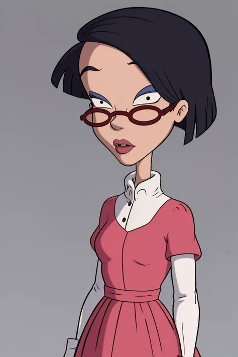 masterpiece, best quality, 1girl, kirawatanabe, short hair, black hair, dress, glasses, solo, simple background <lora:KiraWatanabe:1>