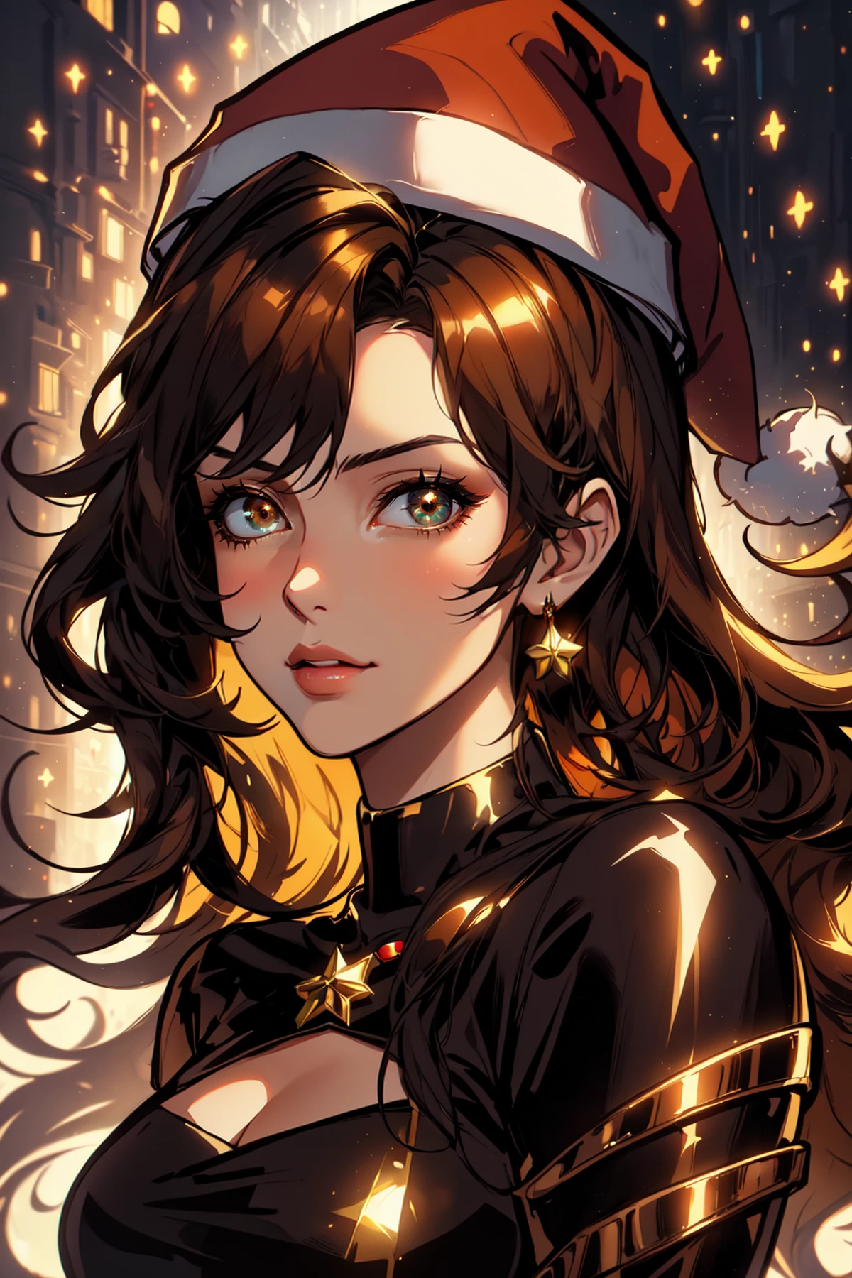 <lora:HolidayIdidalittlebit:0.8> an image of a christmas girl posing with a santa hat, in the style of raphael lacoste, hyper-detailed portraits, tatiana suarez, dark amber and light amber, nightcore, shiny/glossy, jessica drossin , holidayxl style,