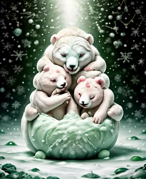 alluring plush white bears, encased in a fantastical profusion of jade roses, delightful creatures with a whimsical and entertaining demeanor that provokes joyous laughter holidayxl style, green theme, winter time <lora:HolidayIdidalittlebit:1.00> <lora:speedy1p5:1.15>