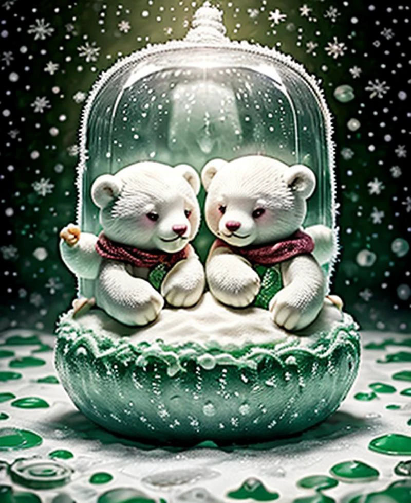 alluring plush white bears, encased in a fantastical profusion of jade roses, delightful creatures with a whimsical and entertaining demeanor that provokes joyous laughter holidayxl style, green theme, winter time <lora:HolidayIdidalittlebit:0.80> <lora:speedy1p5:1.15>