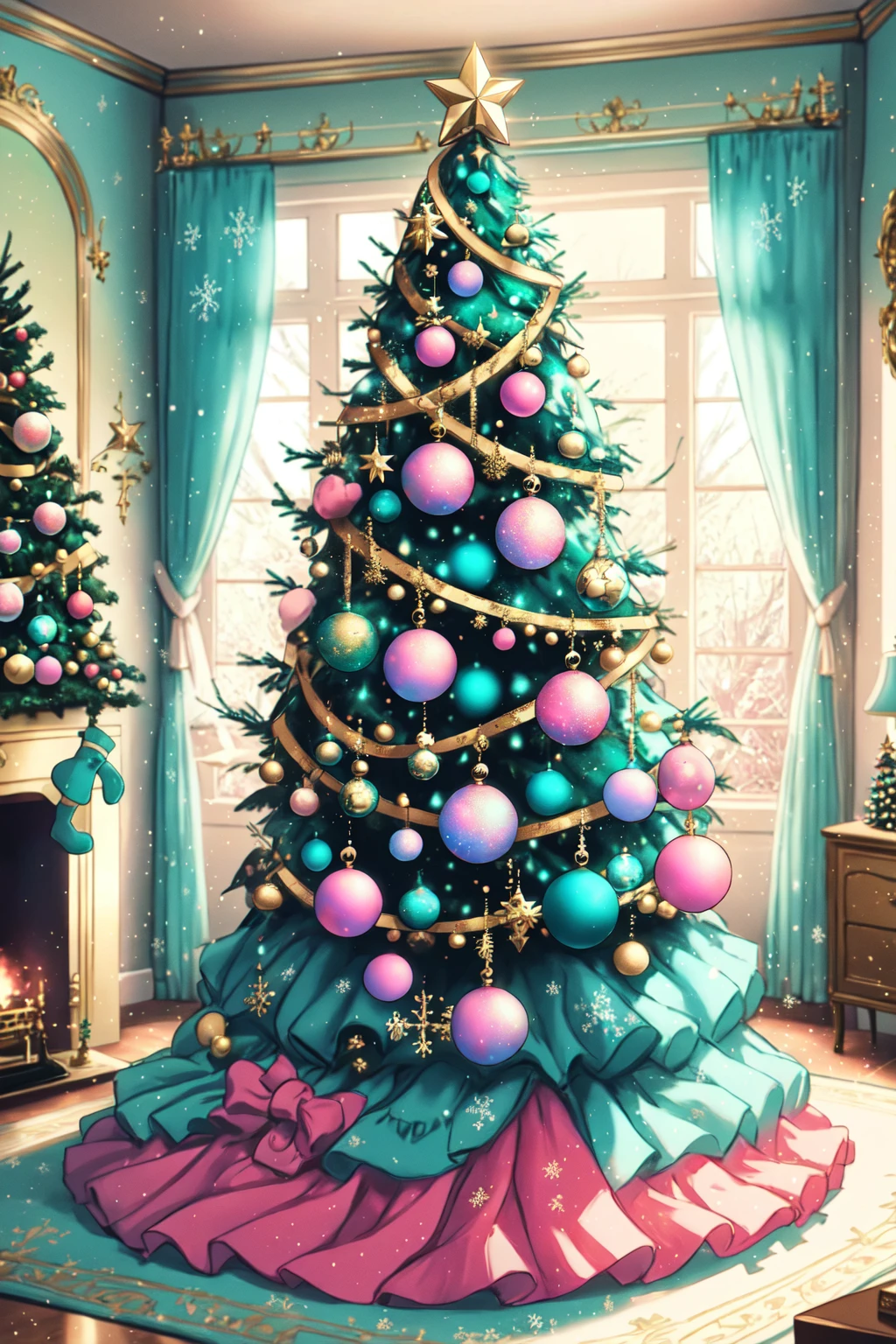 <lora:HolidayIdidalittlebit:0.8> gold and white christmas tree in a living room with two lights, in the style of light teal and dark pink, colorful arrangements, chalk , holidayxl style,