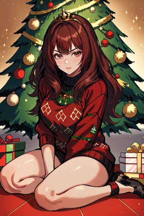 <lora:HolidayIdidalittlebit:0.8> a young woman wearing an ugly sweater and sitting on a floor near christmas trees, in the style of light red and dark brown, romantic motifs, ferrania p30, princesscore, bold colors, strong lines, feminine body, milleniwave, snorting cocaine,