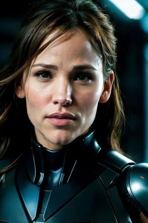 up close photo of jenniferGar1, ((best quality)), ((masterpiece)), (detailed), Midjourney Style, close-up, woman, robot, red eyes, concept art, inspired by Marek Okon, digital art, Crysis Nanosuit, futuristic, (glowing elements:1.1), 4:3 aspect ratio, dynamic duo
