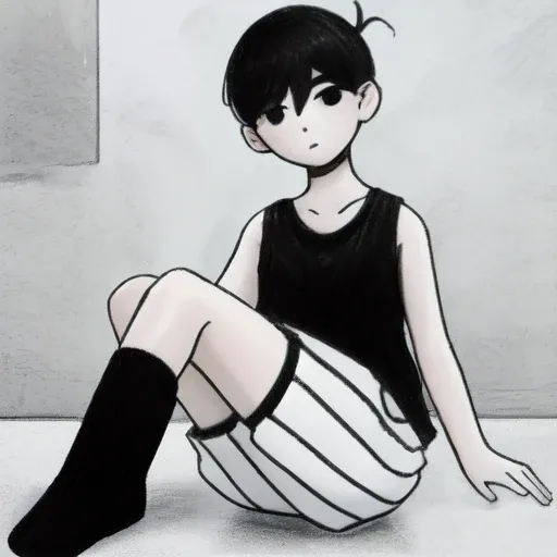 black and white, solo, portrait, (sitting), sad, <lora:omori-v1-000010:0.7>