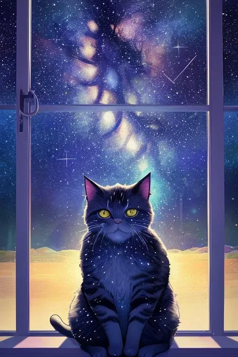 illustration of cat, allure of starry night sky with myriad of twinkling stars, constellations, Milky Way, window art, glass painting, transparent designs, colorful patterns, light-filled displays, creative installations, temporary creations