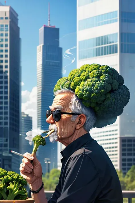 realistic, photo, old man eating broccoli, smoke, sunglasses, skyscraper, from side, cinematic