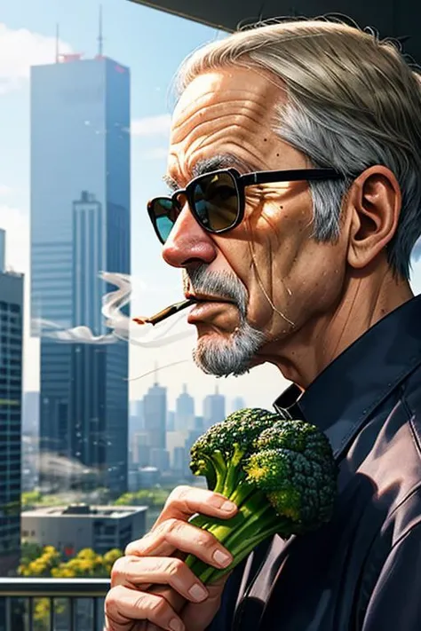 realistic, photo, old man eating broccoli, smoke, sunglasses, skyscraper, from side, cinematic