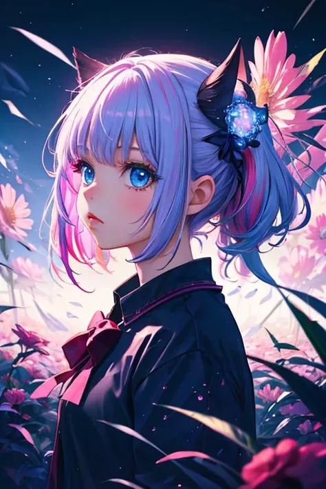 cinematic, cinematography, available light, sharp absurdres aesthetic, waist up half portrait, multicolored phantasmagoria, kawaii 1girl, floral natural landscape, softbox photography, semirealism