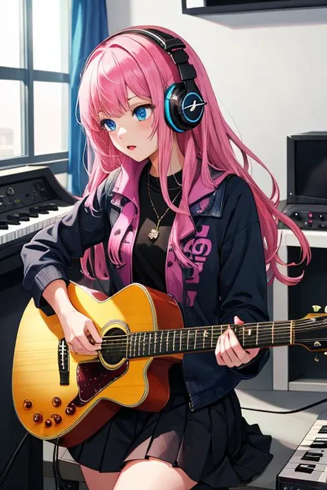 ((masterpiece, best quality)), 1girl, solo, black skirt, blue eyes, electric guitar, guitar, headphones, holding, holding plectrum, instrument, long hair, music, one side up, pink hair, playing guitar, pleated skirt, black shirt, indoors