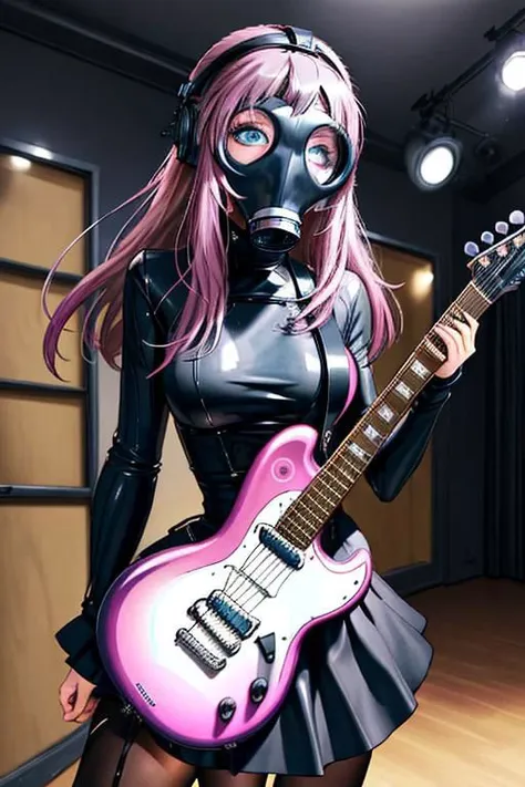 ((masterpiece,best quality))1girl, solo, black skirt, blue eyes, electric guitar, guitar, headphones, holding, holding plectrum, instrument, long hair, , music, one side up, pink hair, playing guiter, pleated skirt, black shirt, indoors model 4 gasmask