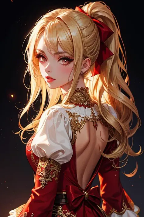 light particles, soft lighting, volumetric lighting, intricate details, finely detailed, red eyes, long eyelashes, thick eyelashes, 1girl, solo, blonde hair, long hair, high ponytail, looking at viewer, red dress, ornate dress, backless dress, puffy sleeves, juliet sleeves, ((long sleeves), red bow, black background, simple background, from behind