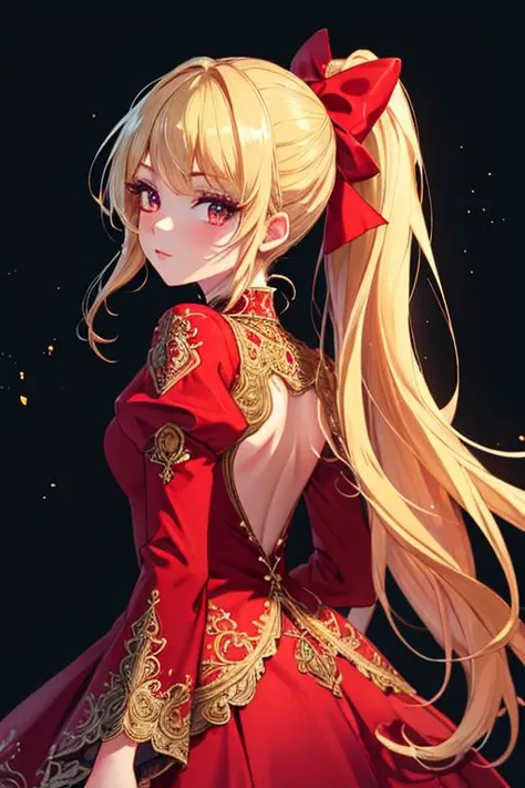 light particles, soft lighting, volumetric lighting, intricate details, finely detailed, red eyes, long eyelashes, thick eyelashes, 1girl, solo, blonde hair, long hair, high ponytail, looking at viewer, red dress, ornate dress, backless dress, puffy sleeves, juliet sleeves, ((long sleeves), red bow, black background, simple background, from behind