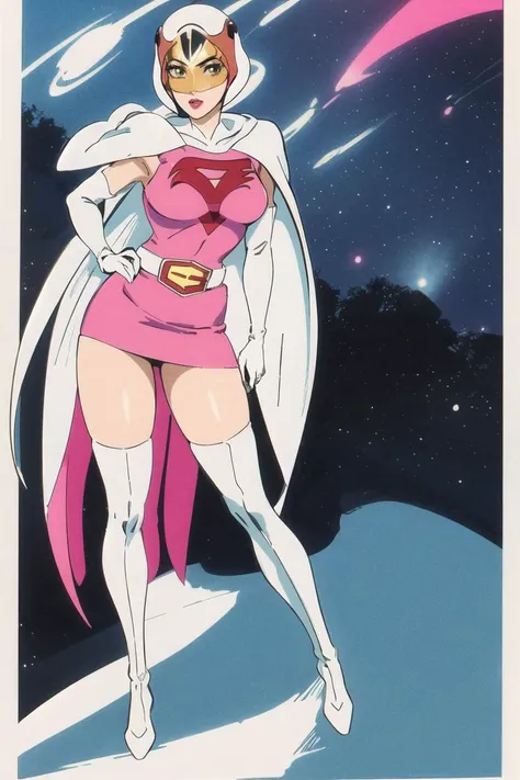ANI_CLASSIC_jun_gatchaman_ownwaifu, jun the swan, 
1girl, breasts, lips, medium breasts, large breasts, green eyes, lipstick, makeup, eyelashes, eyeshadow,
(visor), helmet, cape, elbow gloves, thighhighs, belt, white gloves, zettai ryouiki, mask, skirt, white legwear, superhero, leotard, spacesuit, pink dress, white cape,  pink leotard, pink skirt, short dress,
<lora:ANI_CLASSIC_jun_gatchaman_ownwaifu:0.65> 
(masterpiece), (best quality), (highres), (retro artstyle), outdoors, day, cowboy shot, looking at viewer,  focused,