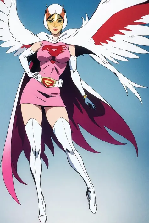 ANI_CLASSIC_jun_gatchaman_ownwaifu, jun the swan,
1girl, breasts, lips, medium breasts, large breasts, green eyes, lipstick, makeup, eyelashes, eyeshadow,
(visor), helmet, cape, elbow gloves, thighhighs, belt, white gloves, zettai ryouiki, mask, skirt, white legwear, superhero, leotard, spacesuit, pink dress, white cape, pink leotard, pink skirt, short dress,
<lora:ANI_CLASSIC_jun_gatchaman_ownwaifu:0.9>
(masterpiece), (best quality), (highres), (retro artstyle), outdoors, day, cowboy shot, looking at viewer, focused,