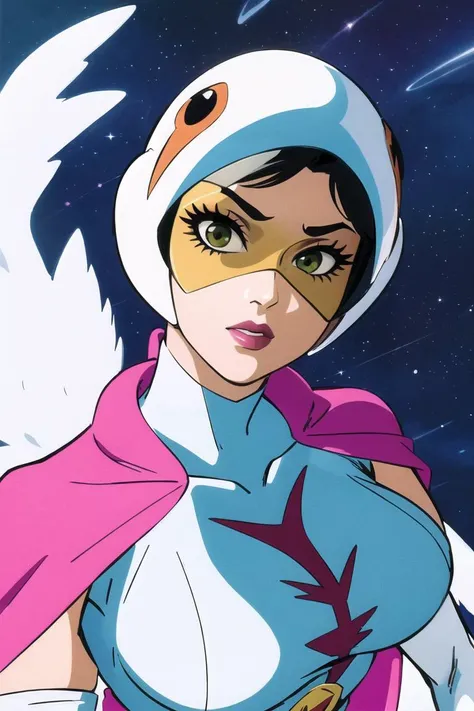ANI_CLASSIC_jun_gatchaman_ownwaifu, jun the swan,
1girl, breasts, lips, medium breasts, large breasts, green eyes, lipstick, makeup, eyelashes, eyeshadow,
(visor), helmet, cape, elbow gloves, thighhighs, belt, white gloves, zettai ryouiki, mask, skirt, white legwear, superhero, leotard, spacesuit, pink dress, white cape, pink leotard, pink skirt, short dress,
<lora:ANI_CLASSIC_jun_gatchaman_ownwaifu:0.65>
(masterpiece), (best quality), (highres), (retro artstyle), outdoors, day, cowboy shot, looking at viewer, focused,