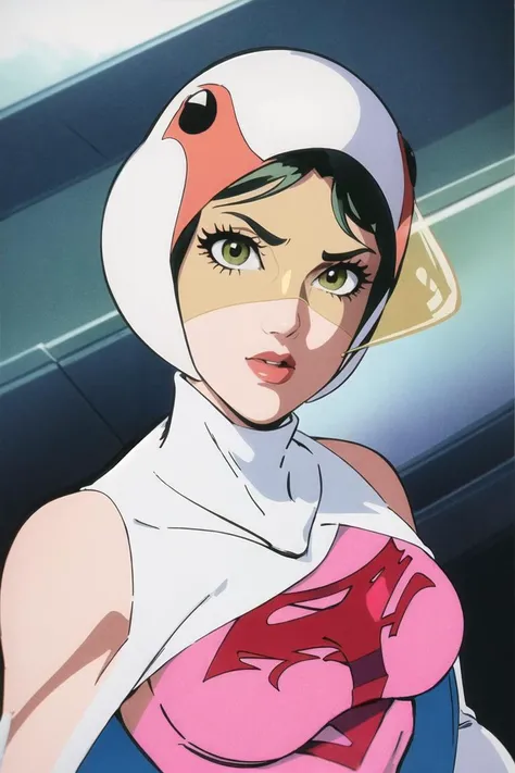 ANI_CLASSIC_jun_gatchaman_ownwaifu, jun the swan, 
1girl, breasts, lips, medium breasts, large breasts, green eyes, lipstick, makeup, eyelashes, eyeshadow,
(visor), helmet, cape, elbow gloves, thighhighs, belt, white gloves, zettai ryouiki, mask, skirt, white legwear, superhero, leotard, spacesuit, pink dress, white cape,  pink leotard, pink skirt, short dress,
<lora:ANI_CLASSIC_jun_gatchaman_ownwaifu:1> 
(masterpiece), (best quality), (highres), (retro artstyle), outdoors, day, cowboy shot, looking at viewer,  focused,