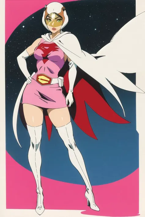 Arnie_of_June_Gatchaman_own grandmother, June the swan,
1 Girl, breast, Lips, medium breast, large breast, Green Eyes, Lipstick, cosmetic, eyelash, Eyeshadow,
(sun visor), helmet, cape, Elbow gloves, High Leg Raise, belt, White gloves, Absolutely great opportunity, mask, skirt, White Leg Clothing, Super hero, tights, Space suit, 粉红色ofskirt, white cape, pink tights, pink skirt, Short skirt,
(masterpiece), (最好of质量), (high resolution), (Retro art style), outdoor, sky, Cowboy shooting, Looking at the audience, Focus,