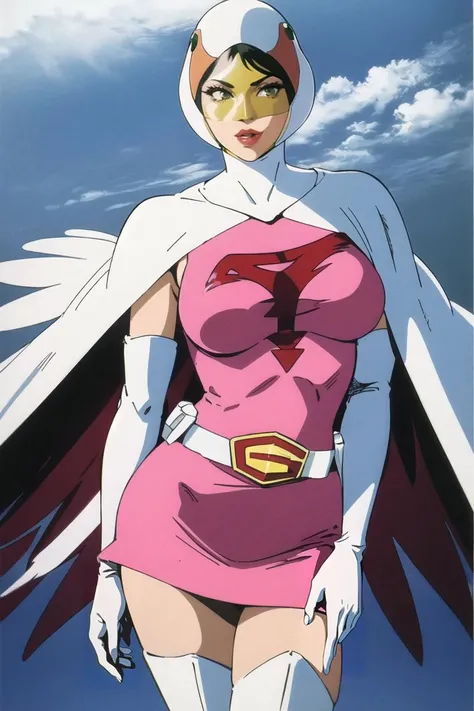 ANI_CLASSIC_jun_gatchaman_ownwaifu, jun the swan, 
1girl, breasts, lips, medium breasts, large breasts, green eyes, lipstick, makeup, eyelashes, eyeshadow,
(visor), helmet, cape, elbow gloves, thighhighs, belt, white gloves, zettai ryouiki, mask, skirt, white legwear, superhero, leotard, spacesuit, pink dress, white cape,  pink leotard, pink skirt, short dress,
<lora:ANI_CLASSIC_jun_gatchaman_ownwaifu:1> 
(masterpiece), (best quality), (highres), (retro artstyle), outdoors, day, cowboy shot, looking at viewer,  focused,