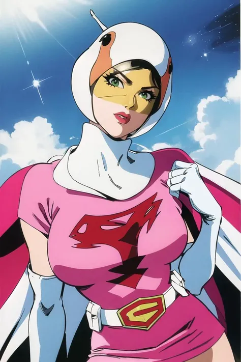 ANI_CLASSIC_jun_gatchaman_ownwaifu, jun the swan,
1girl, breasts, lips, medium breasts, large breasts, green eyes, lipstick, makeup, eyelashes, eyeshadow,
(visor), helmet, cape, elbow gloves, thighhighs, belt, white gloves, zettai ryouiki, mask, skirt, white legwear, superhero, leotard, spacesuit, pink dress, white cape, pink leotard, pink skirt, short dress,
<lora:ANI_CLASSIC_jun_gatchaman_ownwaifu:1>
(masterpiece), (best quality), (highres), (retro artstyle), outdoors, day, cowboy shot, looking at viewer, focused,