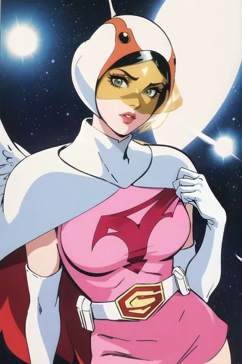 ANI_CLASSIC_jun_gatchaman_ownwaifu, jun the swan, 
1girl, breasts, lips, medium breasts, large breasts, green eyes, lipstick, makeup, eyelashes, eyeshadow,
(visor), helmet, cape, elbow gloves, thighhighs, belt, white gloves, zettai ryouiki, mask, skirt, white legwear, superhero, leotard, spacesuit, pink dress, white cape,  pink leotard, pink skirt, short dress,
<lora:ANI_CLASSIC_jun_gatchaman_ownwaifu:0.9> 
(masterpiece), (best quality), (highres), (retro artstyle), outdoors, day, cowboy shot, looking at viewer,  focused,