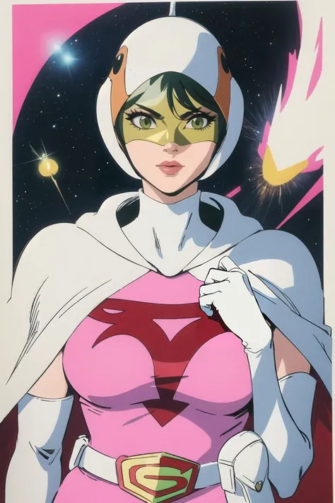 ANI_CLASSIC_jun_gatchaman_ownwaifu, jun the swan, 
1girl, breasts, lips, medium breasts, large breasts, green eyes, lipstick, makeup, eyelashes, eyeshadow,
(visor), helmet, cape, elbow gloves, thighhighs, belt, white gloves, zettai ryouiki, mask, skirt, white legwear, superhero, leotard, spacesuit, pink dress, white cape,  pink leotard, pink skirt, short dress,
<lora:ANI_CLASSIC_jun_gatchaman_ownwaifu:0.8> 
(masterpiece), (best quality), (highres), (retro artstyle), outdoors, day, cowboy shot, looking at viewer,  focused,