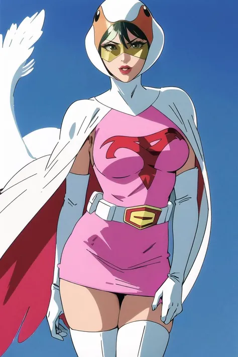 ANI_CLASSIC_jun_gatchaman_ownwaifu, jun the swan,
1girl, breasts, lips, medium breasts, large breasts, green eyes, lipstick, makeup, eyelashes, eyeshadow,
(visor), helmet, cape, elbow gloves, thighhighs, belt, white gloves, zettai ryouiki, mask, skirt, white legwear, superhero, leotard, spacesuit, pink dress, white cape, pink leotard, pink skirt, short dress,
<lora:ANI_CLASSIC_jun_gatchaman_ownwaifu:0.65>
(masterpiece), (best quality), (highres), (retro artstyle), outdoors, day, cowboy shot, looking at viewer, focused,
