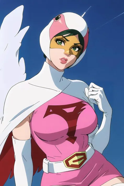ANI_CLASSIC_jun_gatchaman_ownwaifu, jun the swan,
1girl, breasts, lips, medium breasts, large breasts, green eyes, lipstick, makeup, eyelashes, eyeshadow,
(visor), helmet, cape, elbow gloves, thighhighs, belt, white gloves, zettai ryouiki, mask, skirt, white legwear, superhero, leotard, spacesuit, pink dress, white cape, pink leotard, pink skirt, short dress,
<lora:ANI_CLASSIC_jun_gatchaman_ownwaifu:0.65>
(masterpiece), (best quality), (highres), (retro artstyle), outdoors, day, cowboy shot, looking at viewer, focused,