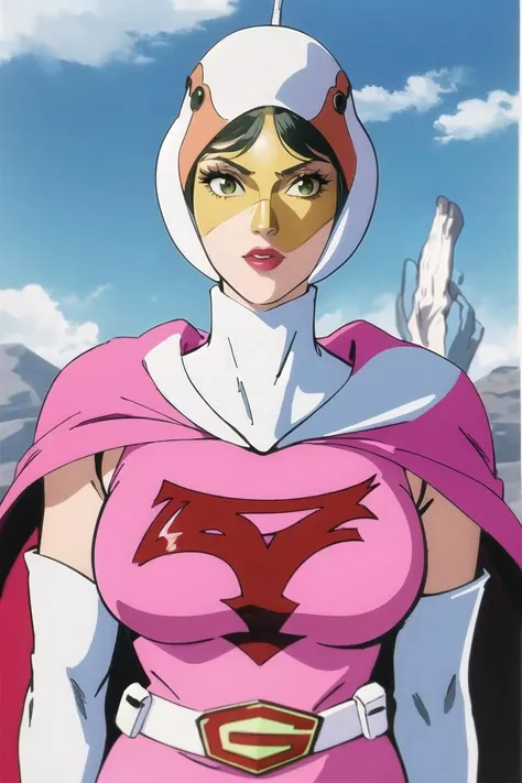 ANI_CLASSIC_jun_gatchaman_ownwaifu, jun the swan,
1girl, breasts, lips, medium breasts, large breasts, green eyes, lipstick, makeup, eyelashes, eyeshadow,
(visor), helmet, cape, elbow gloves, thighhighs, belt, white gloves, zettai ryouiki, mask, skirt, white legwear, superhero, leotard, spacesuit, pink dress, white cape, pink leotard, pink skirt, short dress,
<lora:ANI_CLASSIC_jun_gatchaman_ownwaifu:1>
(masterpiece), (best quality), (highres), (retro artstyle), outdoors, day, cowboy shot, looking at viewer, focused,