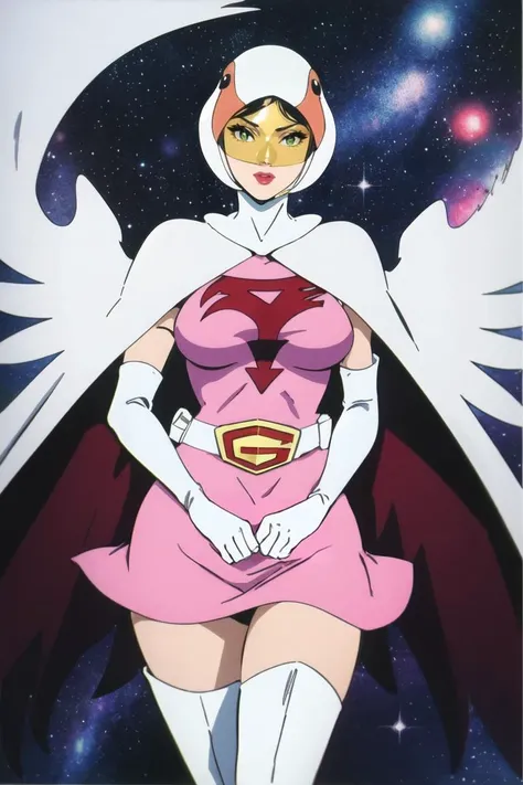 ANI_CLASSIC_jun_gatchaman_ownwaifu, jun the swan, 
1girl, breasts, lips, medium breasts, large breasts, green eyes, lipstick, makeup, eyelashes, eyeshadow,
(visor), helmet, cape, elbow gloves, thighhighs, belt, white gloves, zettai ryouiki, mask, skirt, white legwear, superhero, leotard, spacesuit, pink dress, white cape,  pink leotard, pink skirt, short dress,
<lora:ANI_CLASSIC_jun_gatchaman_ownwaifu:1> 
(masterpiece), (best quality), (highres), (retro artstyle), outdoors, day, cowboy shot, looking at viewer,  focused,