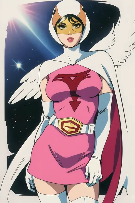ANI_CLASSIC_jun_gatchaman_ownwaifu, jun the swan,
1girl, breasts, lips, medium breasts, large breasts, green eyes, lipstick, makeup, eyelashes, eyeshadow,
(visor), helmet, cape, elbow gloves, thighhighs, belt, white gloves, zettai ryouiki, mask, skirt, white legwear, superhero, leotard, spacesuit, pink dress, white cape, pink leotard, pink skirt, short dress,
<lora:ANI_CLASSIC_jun_gatchaman_ownwaifu:0.8>
(masterpiece), (best quality), (highres), (retro artstyle), outdoors, day, cowboy shot, looking at viewer, focused,