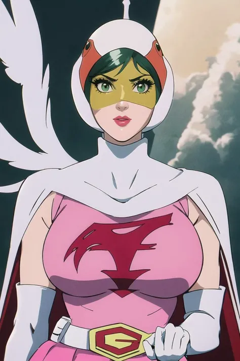 ANI_CLASSIC_jun_gatchaman_ownwaifu, jun the swan, 
1girl, breasts, lips, medium breasts, large breasts, green eyes, lipstick, makeup, eyelashes, eyeshadow,
(visor), helmet, cape, elbow gloves, thighhighs, belt, white gloves, zettai ryouiki, mask, skirt, white legwear, superhero, leotard, spacesuit, pink dress, white cape,  pink leotard, pink skirt, short dress,
<lora:ANI_CLASSIC_jun_gatchaman_ownwaifu:0.9> 
(masterpiece), (best quality), (highres), (retro artstyle), outdoors, day, cowboy shot, looking at viewer,  focused,