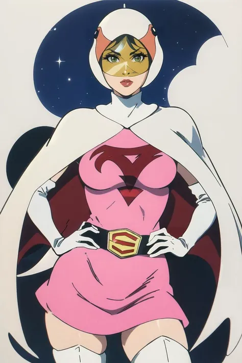 ANI_CLASSIC_jun_gatchaman_ownwaifu, jun the swan,
1girl, breasts, lips, medium breasts, large breasts, green eyes, lipstick, makeup, eyelashes, eyeshadow,
(visor), helmet, cape, elbow gloves, thighhighs, belt, white gloves, zettai ryouiki, mask, skirt, white legwear, superhero, leotard, spacesuit, pink dress, white cape, pink leotard, pink skirt, short dress,
<lora:ANI_CLASSIC_jun_gatchaman_ownwaifu:0.8>
(masterpiece), (best quality), (highres), (retro artstyle), outdoors, day, cowboy shot, looking at viewer, focused,
