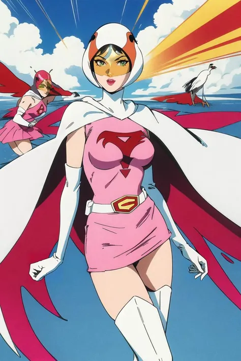 ANI_CLASSIC_jun_gatchaman_ownwaifu, jun the swan,
1girl, breasts, lips, medium breasts, large breasts, green eyes, lipstick, makeup, eyelashes, eyeshadow,
(visor), helmet, cape, elbow gloves, thighhighs, belt, white gloves, zettai ryouiki, mask, skirt, white legwear, superhero, leotard, spacesuit, pink dress, white cape, pink leotard, pink skirt, short dress,
<lora:ANI_CLASSIC_jun_gatchaman_ownwaifu:0.9>
(masterpiece), (best quality), (highres), (retro artstyle), outdoors, day, cowboy shot, looking at viewer, focused,