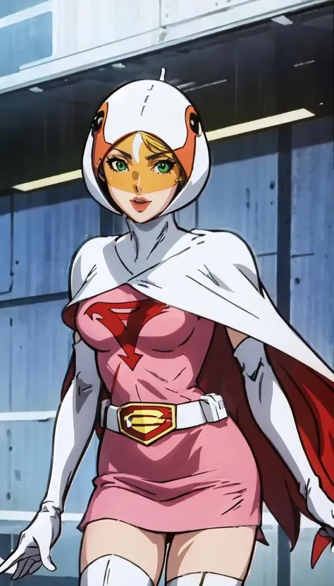 straight-on,pose,looking at viewer,BREAK, (retro artstyle:1.1) 
ANI_CLASSIC_jun_gatchaman_ownwaifu,www.ownwaifu.com, jun the swan, 
long hair,breasts,green eyes,lips,medium breasts,blonde hair,lipstick,makeup,
white legwear,pink dress,superhero,bodysuit,cape,gloves,helmet,belt,elbow gloves,white gloves,mask,skirt,leotard, white thighhighs, skin tight, 
<lora:ANI_CLASSIC_jun_gatchaman_ownwaifu:0.8>,, official art, highres, scenery, (masterpiece:1.1), (best quality,:1.1), (high quality:1.1), (anime screencap:1.2),