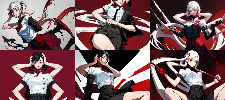 masterpiece, best quality, highres, 8k, RAW photo, falldevil, 1girl, solo, blood on face, skirt, closed mouth, simple background <lora:fallingDevil_v12:0.7>