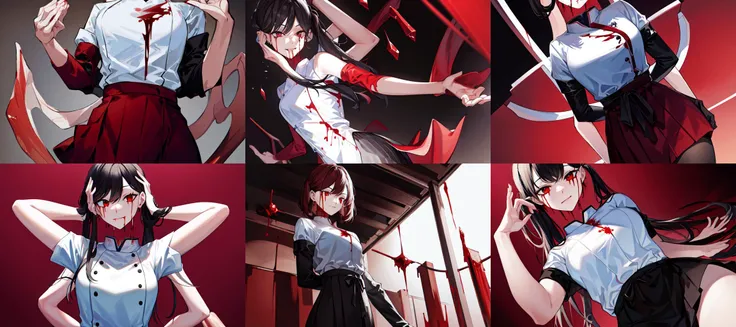 masterpiece, best quality, highres, 8k, RAW photo, falldevil, 1girl, solo, blood on face, skirt, closed mouth, simple background <lora:fallingDevil_v12:0.7>