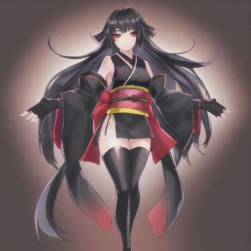 1girl, black hair, black legwear, elbow gloves, fingerless gloves, full body, gloves, gradient, gradient background, japanese clothes, kimono, long hair, obi, red eyes, sash, short kimono, sleeveless, sleeveless kimono, solo, standing, thighhighs, anime girl