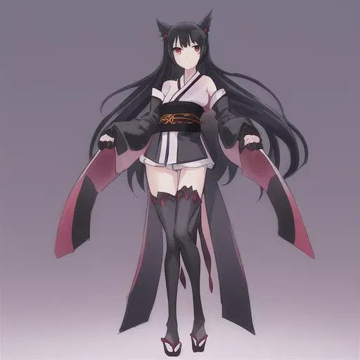 1girl, black hair, black legwear, elbow gloves, fingerless gloves, full body, gloves, gradient, gradient background, japanese clothes, kimono, long hair, obi, red eyes, sash, short kimono, sleeveless, sleeveless kimono, solo, standing, thighhighs, anime girl