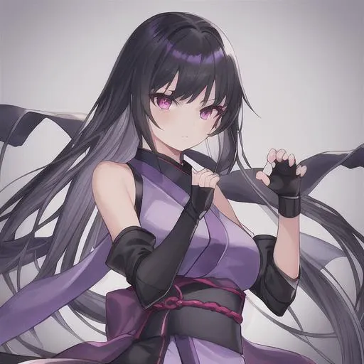 1girl, bangs, bare shoulders, black gloves, black hair, detached sleeves, elbow gloves, fingerless gloves, fishnets, gloves, gradient, gradient background, grey background, japanese clothes, kimono, long hair, ninja, obi, purple dress, purple kimono, red eyes, sash, sleeveless, sleeveless kimono, solo, anime girl