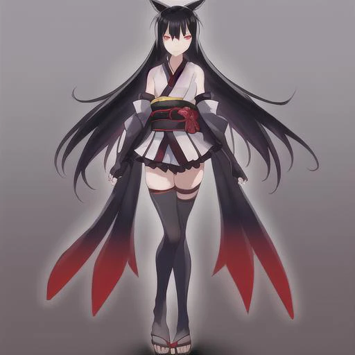 1girl, black hair, black legwear, elbow gloves, fingerless gloves, full body, gloves, gradient, gradient background, japanese clothes, kimono, long hair, obi, red eyes, sash, short kimono, sleeveless, sleeveless kimono, solo, standing, thighhighs, anime girl