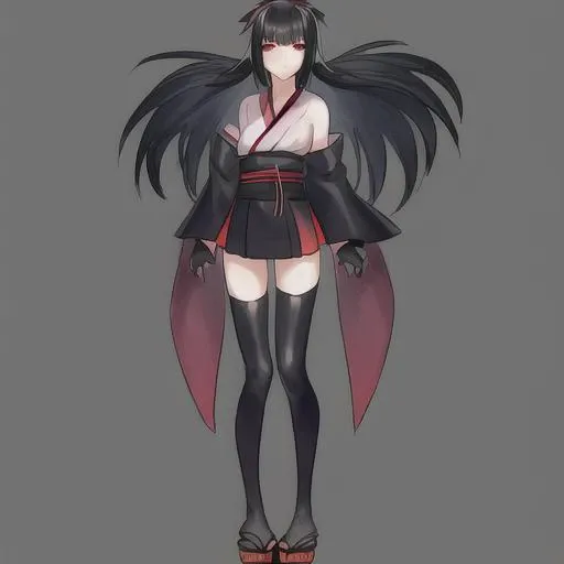 1girl, black hair, black legwear, elbow gloves, fingerless gloves, full body, gloves, gradient, gradient background, japanese clothes, kimono, long hair, obi, red eyes, sash, short kimono, sleeveless, sleeveless kimono, solo, standing, thighhighs, anime girl