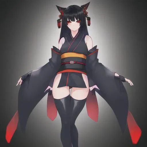1girl, black hair, black legwear, elbow gloves, fingerless gloves, full body, gloves, gradient, gradient background, japanese clothes, kimono, long hair, obi, red eyes, sash, short kimono, sleeveless, sleeveless kimono, solo, standing, thighhighs, anime girl