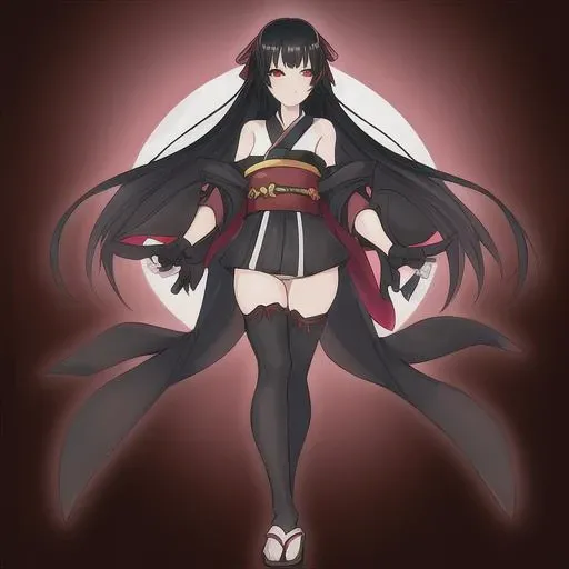 1girl, black hair, black legwear, elbow gloves, fingerless gloves, full body, gloves, gradient, gradient background, japanese clothes, kimono, long hair, obi, red eyes, sash, short kimono, sleeveless, sleeveless kimono, solo, standing, thighhighs, anime girl
